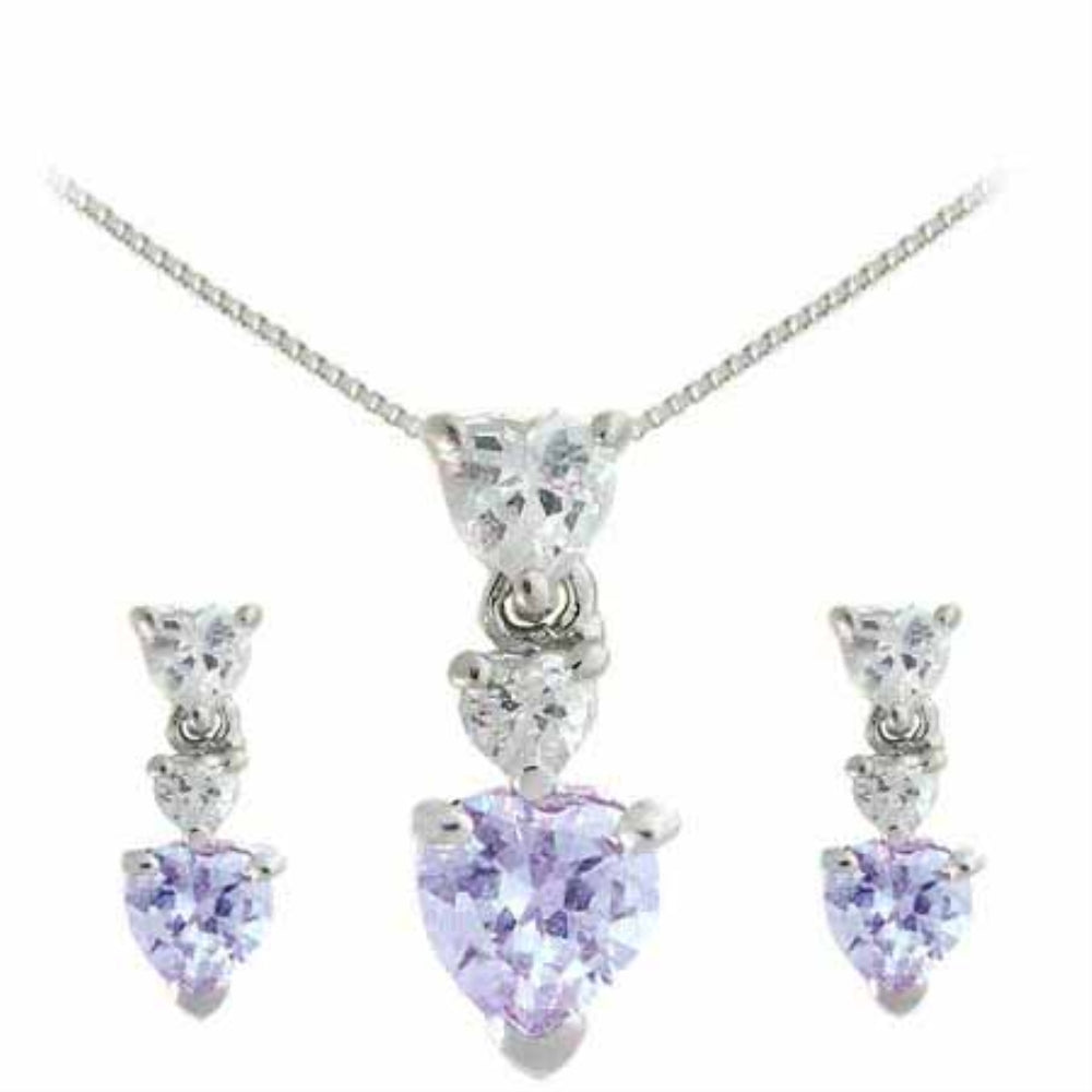 Sterling Silver Lavender cz Graduating Heart Earring and Slide Pendant Set
