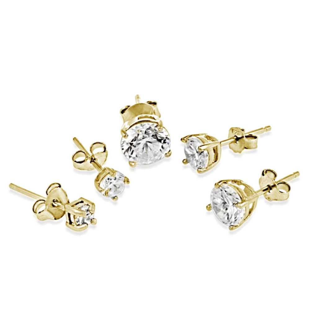 Yellow Gold Flashed Sterling Silver Cubic Zirconia Set of 5 Round Stud Earrings-2
