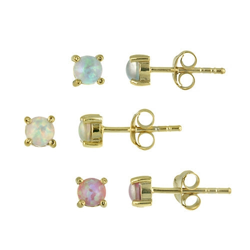 18K Gold over Sterling Silver Pink, Blue, and White Round Created Opal Stud Earrings Set