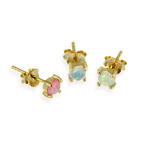18K Gold over Sterling Silver Pink, Blue, and White Round Created Opal Stud Earrings Set-2