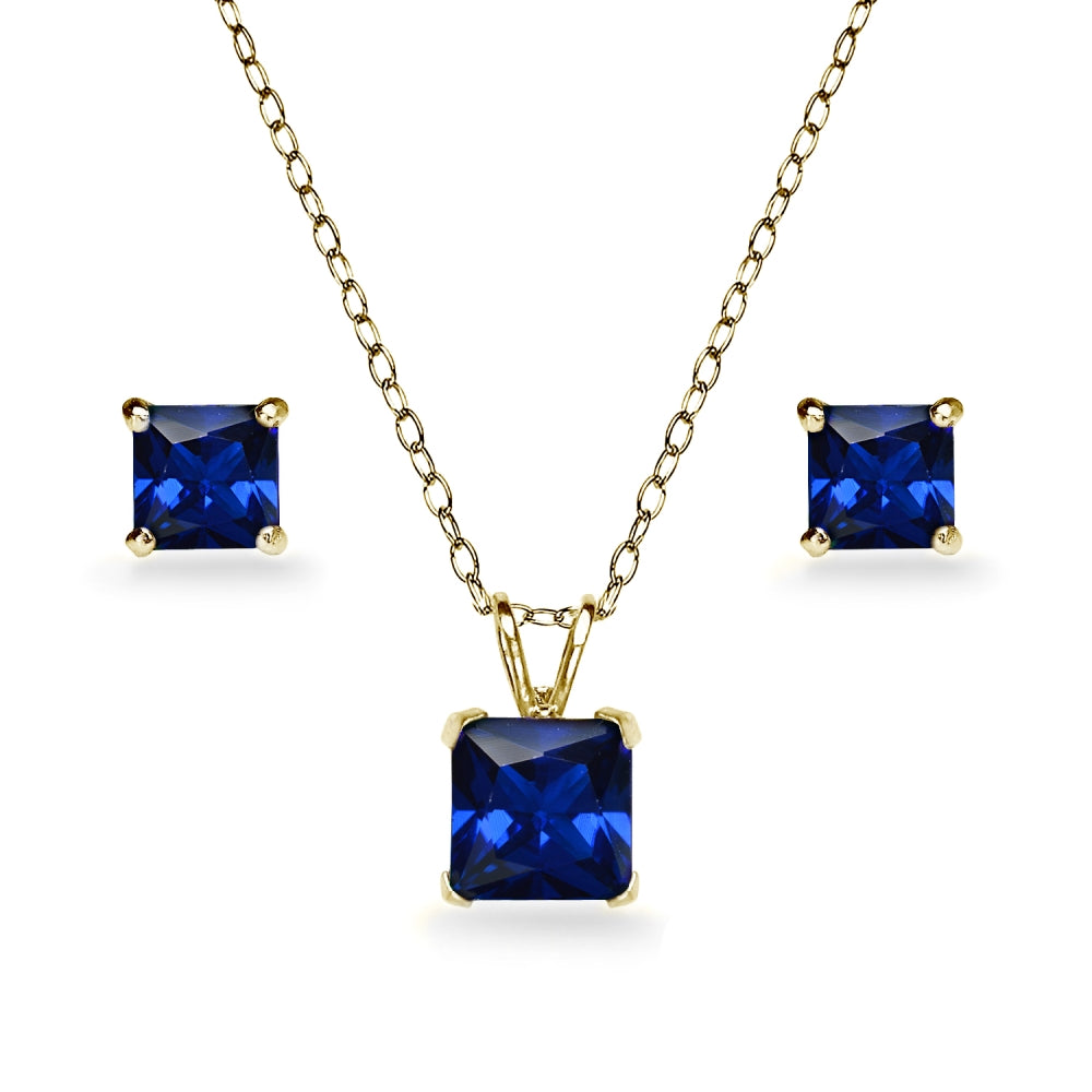 Yellow Gold Flashed Sterling Silver Created Blue Sapphire Square Solitaire Necklace and Stud Earrings Set