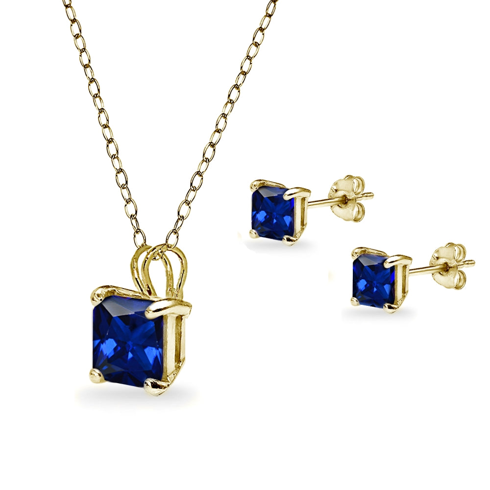 Yellow Gold Flashed Sterling Silver Created Blue Sapphire Square Solitaire Necklace and Stud Earrings Set-2