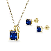 Yellow Gold Flashed Sterling Silver Created Blue Sapphire Square Solitaire Necklace and Stud Earrings Set