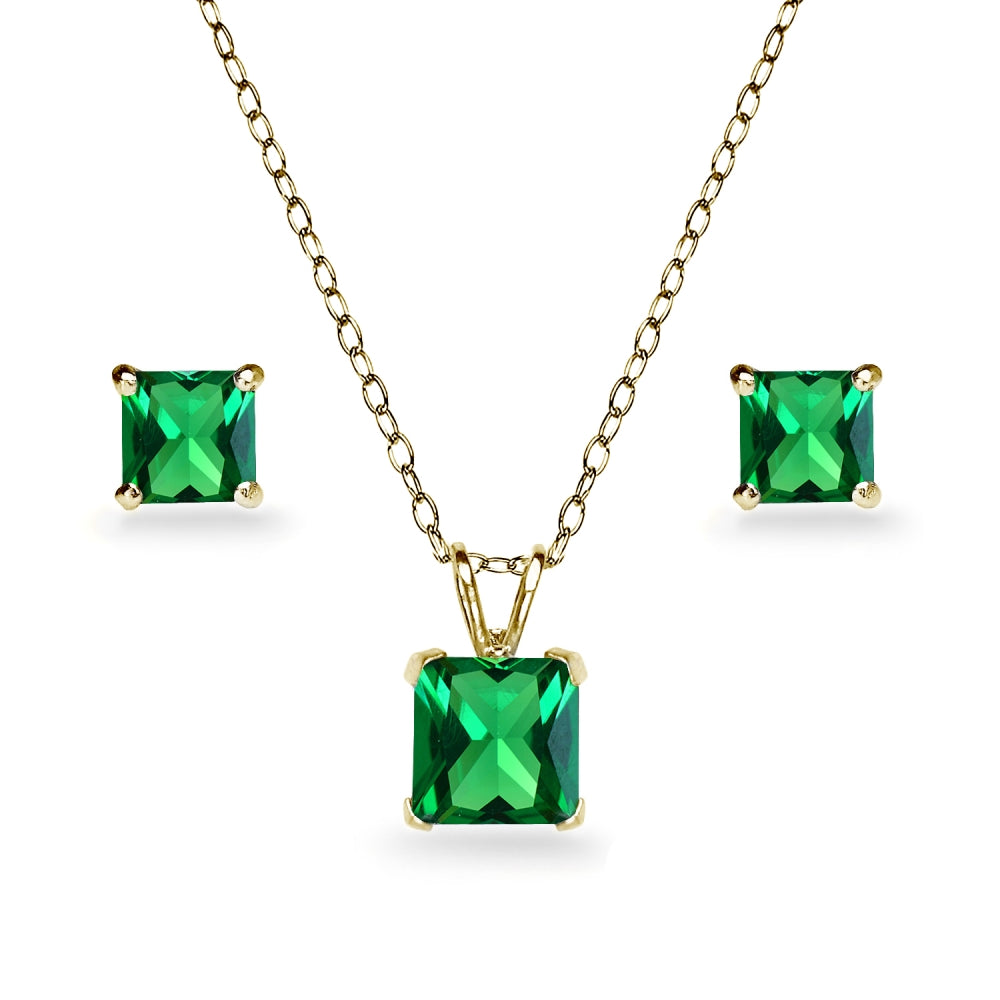 Yellow Gold Flashed Sterling Silver Simulated Emerald Square Solitaire Necklace and Stud Earrings Set