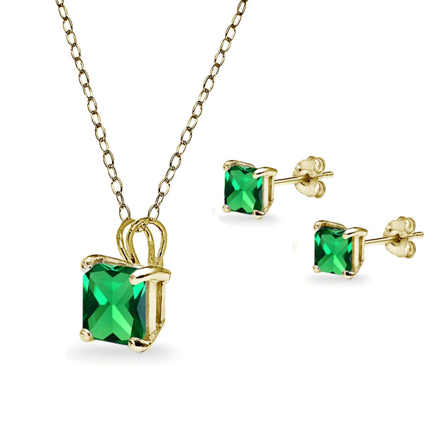 Yellow Gold Flashed Sterling Silver Simulated Emerald Square Solitaire Necklace and Stud Earrings Set