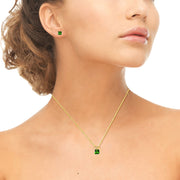 Yellow Gold Flashed Sterling Silver Simulated Emerald Square Solitaire Necklace and Stud Earrings Set