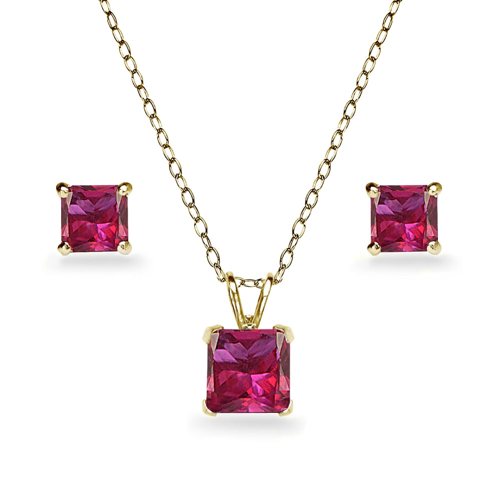 Yellow Gold Flashed Sterling Silver Created Ruby Square Solitaire Necklace and Stud Earrings Set