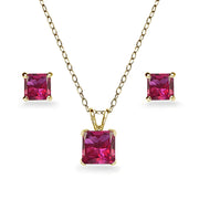 Yellow Gold Flashed Sterling Silver Created Ruby Square Solitaire Necklace and Stud Earrings Set