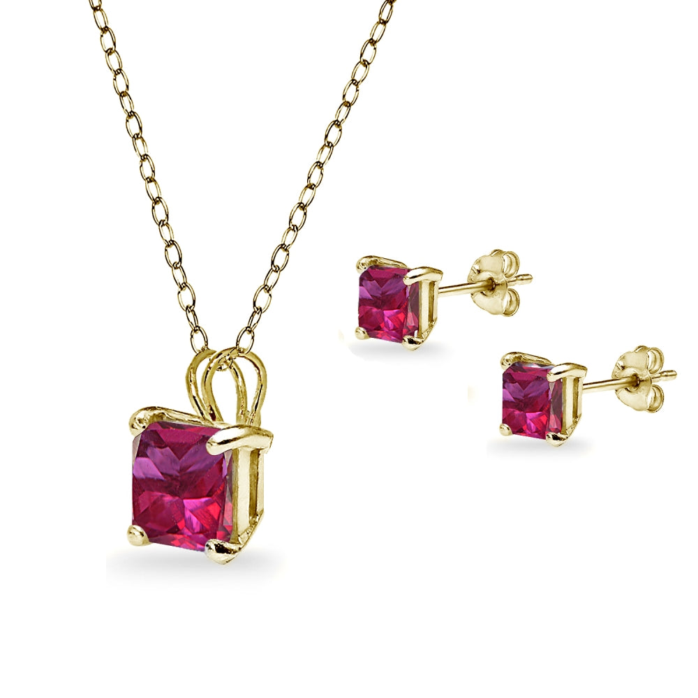 Yellow Gold Flashed Sterling Silver Created Ruby Square Solitaire Necklace and Stud Earrings Set-2