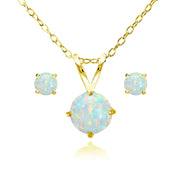 Yellow Gold Flashed Sterling Silver Created White Opal Round Solitaire Necklace and Stud Earrings Set