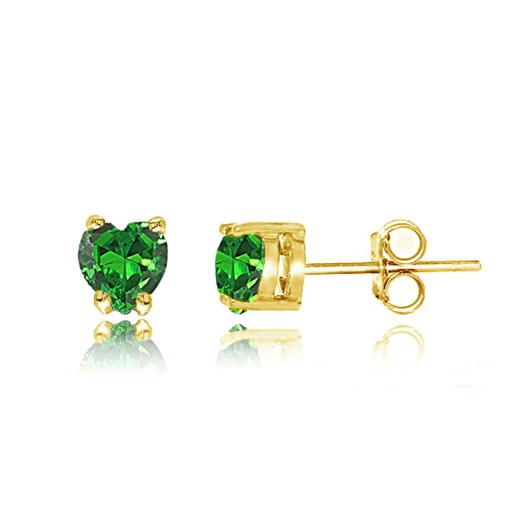 Yellow Gold Flashed Sterling Silver Simulated Emerald Heart Solitaire Necklace and Stud Earrings Set-2