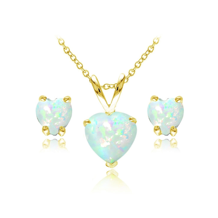Yellow Gold Flashed Sterling Silver Created White Opal Heart Solitaire Necklace and Stud Earrings Set