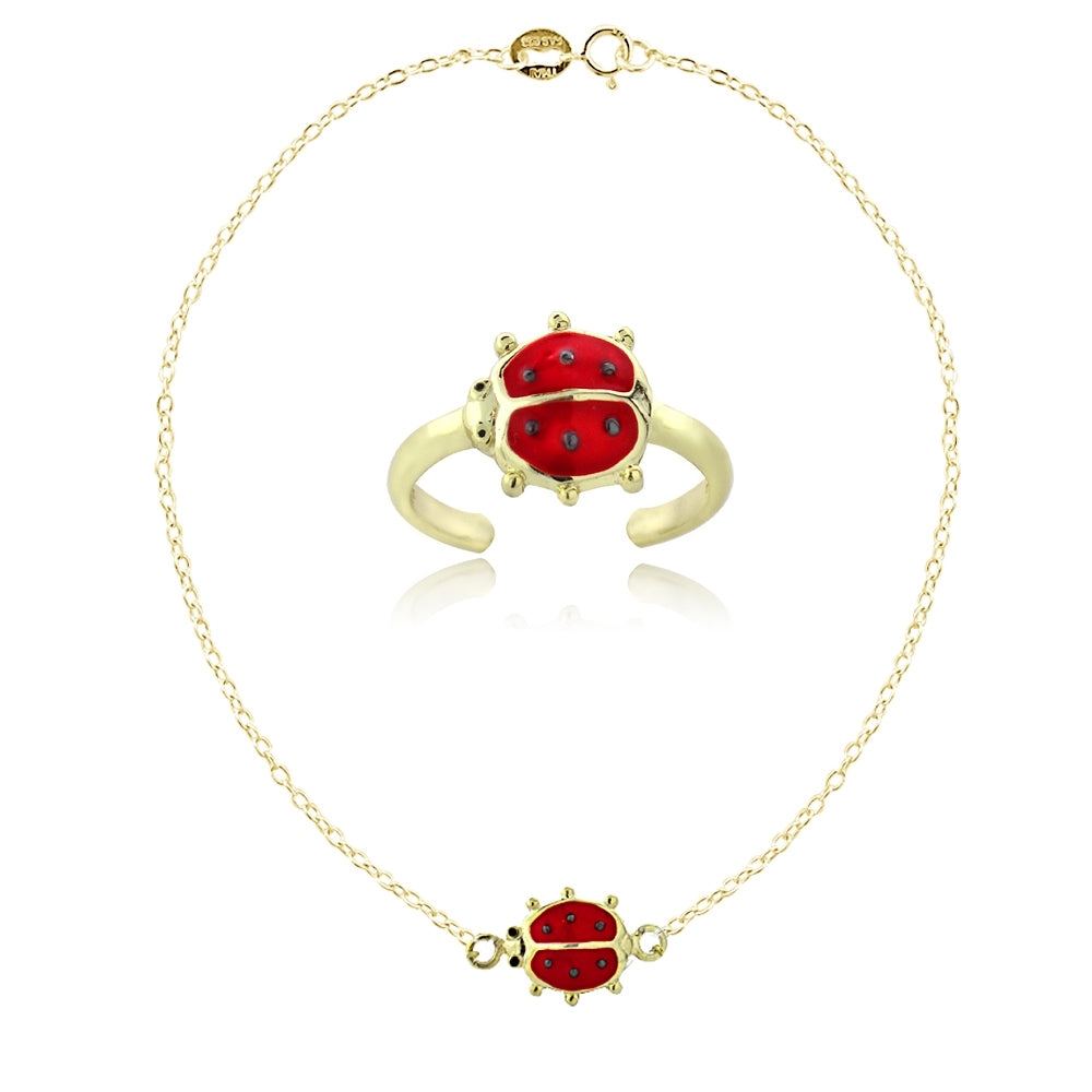 Gold Tone over Sterling Silver Enamel Ladybug Anklet and Toe Ring Set