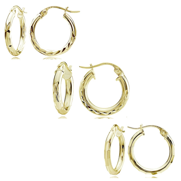 Gold Flash Sterling Silver Polished Diamond-Cut Design 15mm Round Hoop Earrings, Set of 3