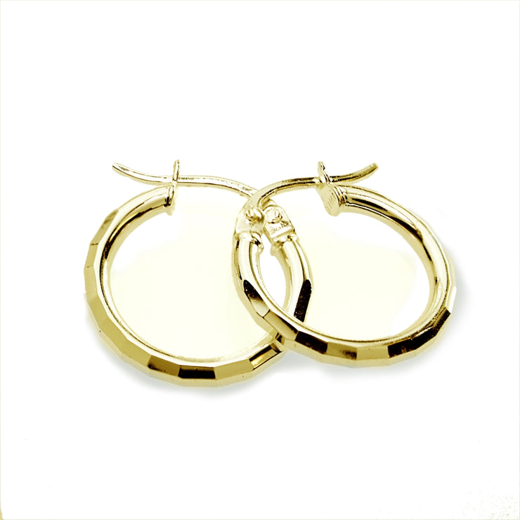 Gold Flash Sterling Silver Polished Diamond-Cut Design 15mm Round Hoop Earrings, Set of 3