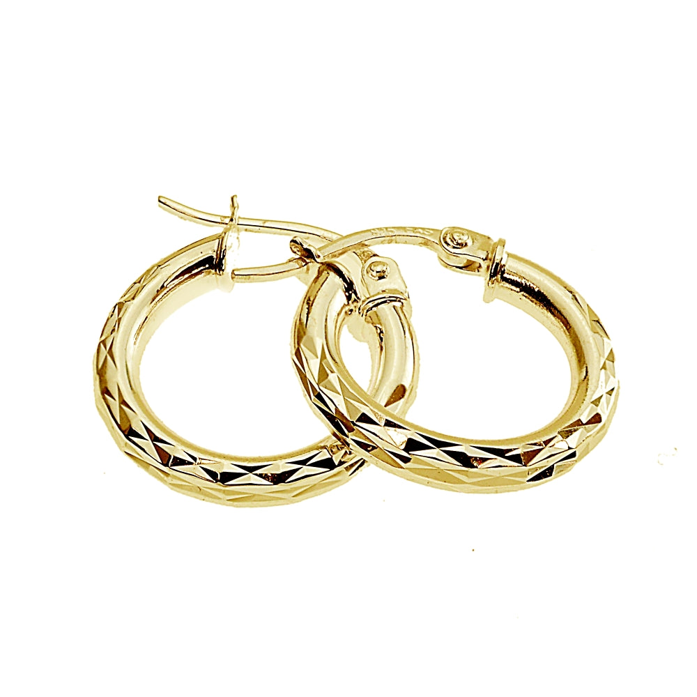 Gold Flash Sterling Silver Polished Diamond-Cut Design 15mm Round Hoop Earrings, Set of 3-4
