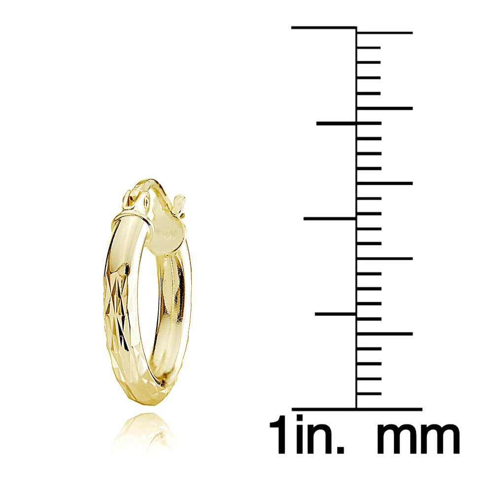 Gold Flash Sterling Silver Polished Diamond-Cut Design 15mm Round Hoop Earrings, Set of 3-5