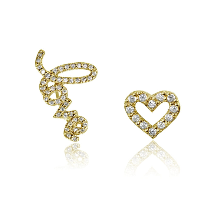 Yellow Gold Flashed Sterling Silver Cubic Zirconia Heart Stud & LOVE Climber Crawler Earrings Set