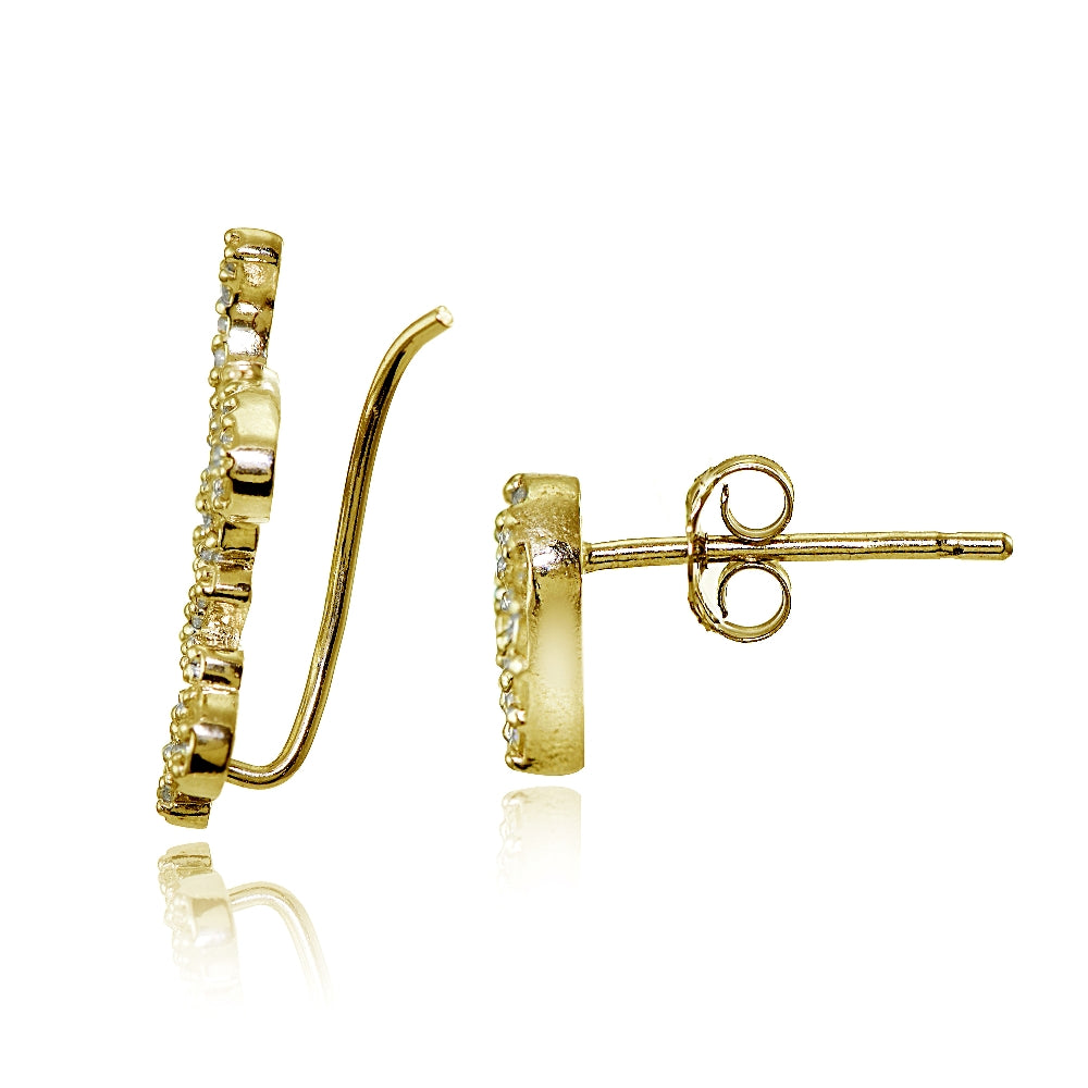 Yellow Gold Flashed Sterling Silver Cubic Zirconia Heart Stud & LOVE Climber Crawler Earrings Set-2