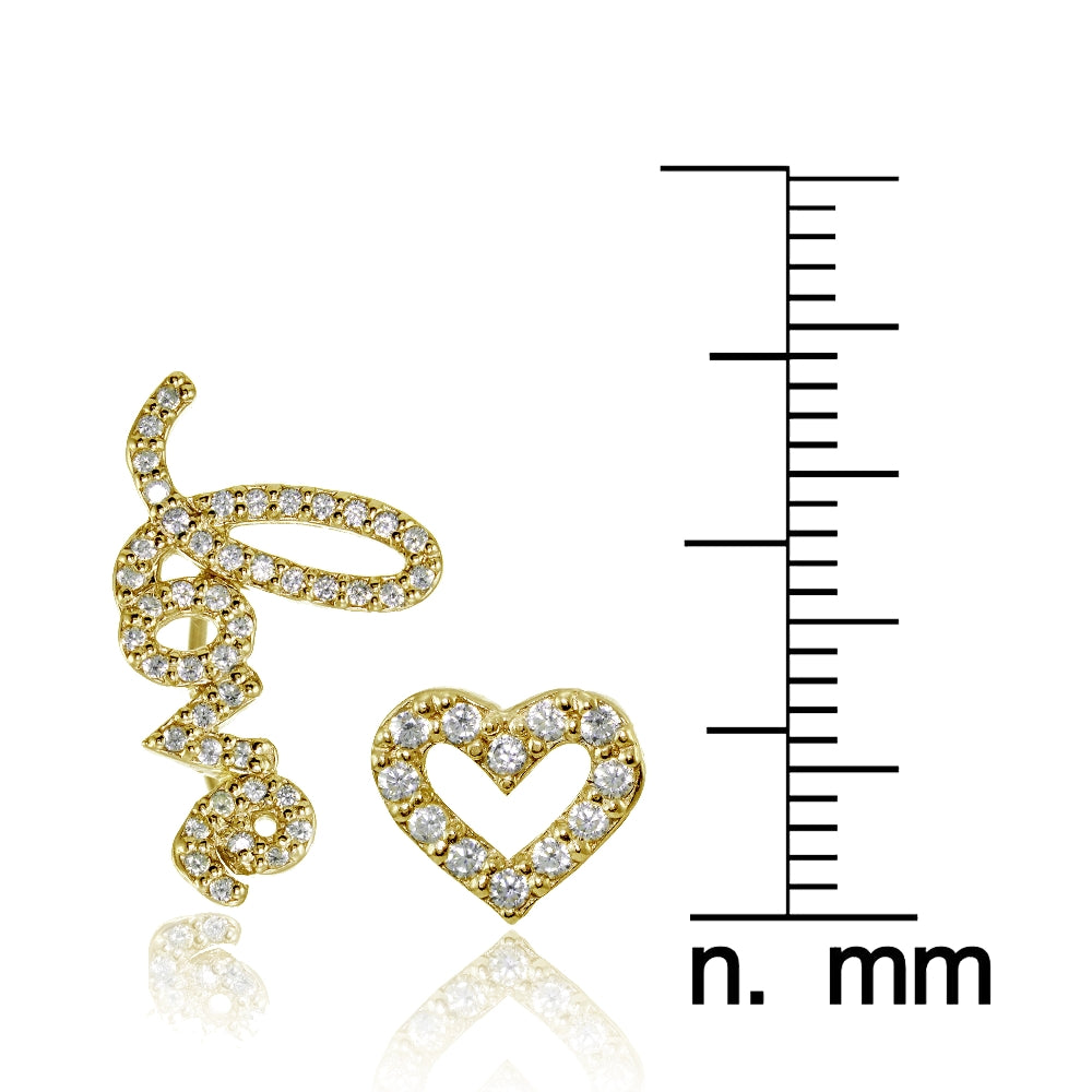 Yellow Gold Flashed Sterling Silver Cubic Zirconia Heart Stud & LOVE Climber Crawler Earrings Set-3