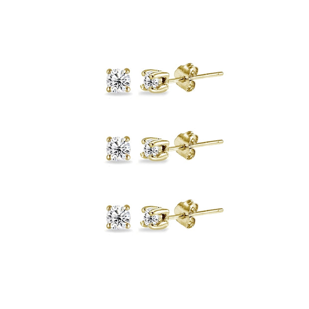 Yellow Gold Flashed Sterling Silver Cubic Zirconia set of 3 Round 2mm Stud Earrings