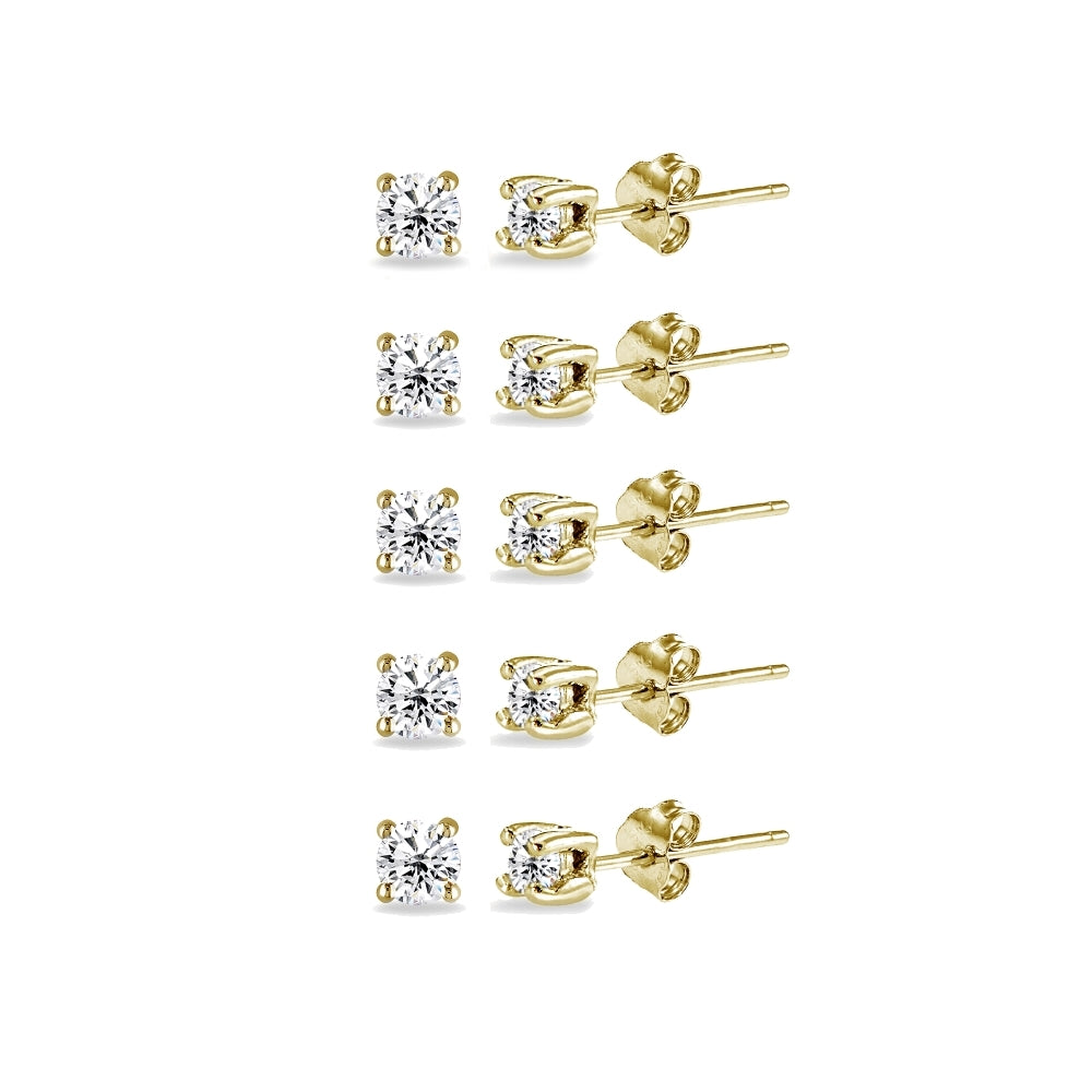 Yellow Gold Flashed Sterling Silver Cubic Zirconia set of 5 Round 2mm Stud Earrings