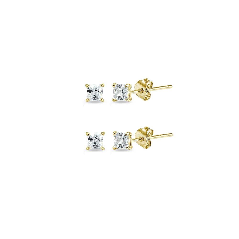 Yellow Gold Flashed Sterling Silver Cubic Zirconia Set of 2 Princess-Cut Square 2mm Stud Earrings