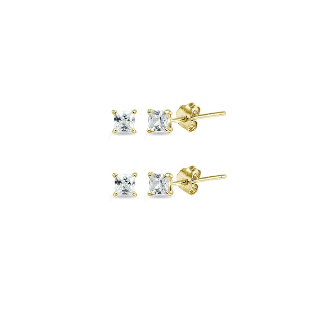 Yellow Gold Flashed Sterling Silver Cubic Zirconia Set of 2 Princess-Cut Square 2mm Stud Earrings