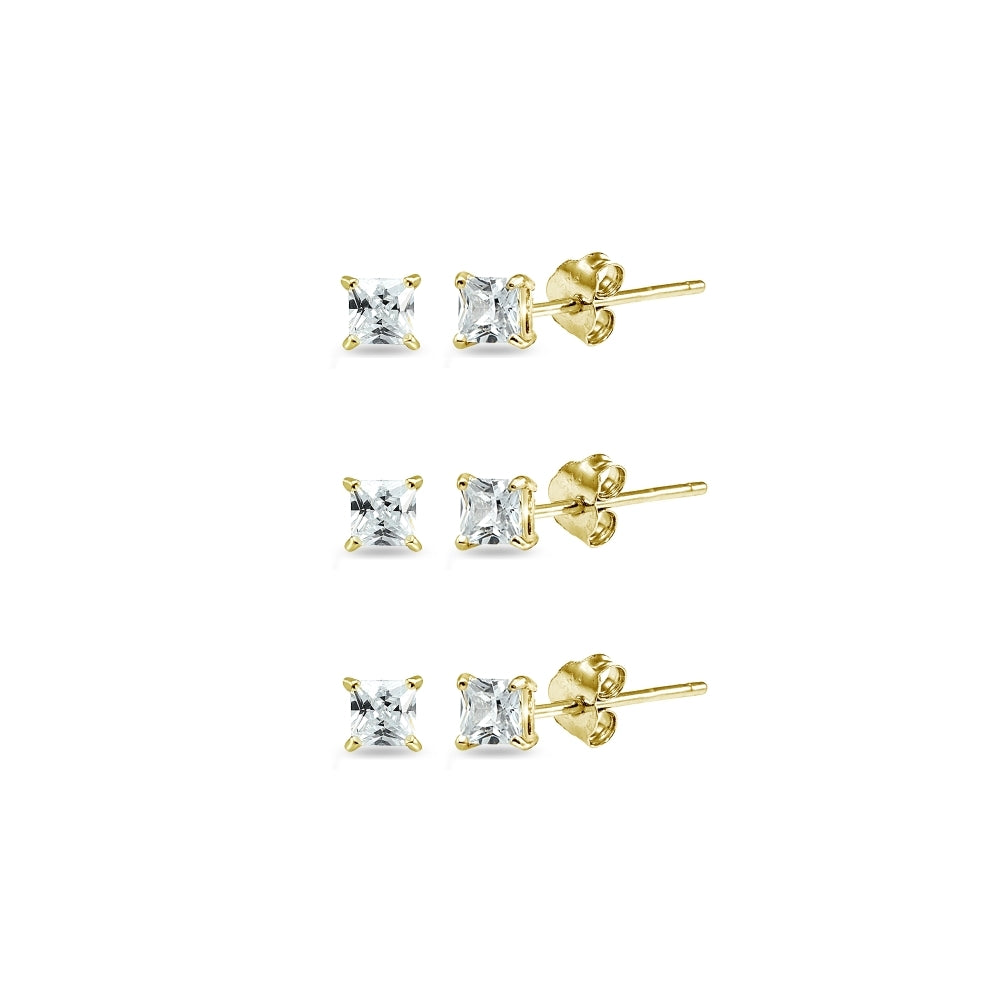 Yellow Gold Flashed Sterling Silver Cubic Zirconia set of 3 Princess-Cut Square 2mm Stud Earrings