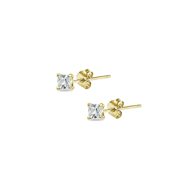 Yellow Gold Flashed Sterling Silver Cubic Zirconia set of 3 Princess-Cut Square 2mm Stud Earrings