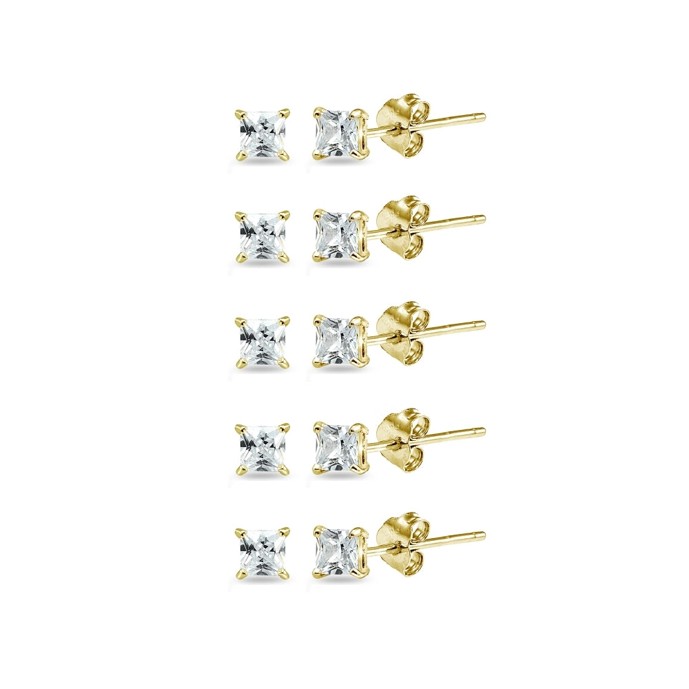 Yellow Gold Flashed Sterling Silver Cubic Zirconia set of 5 Princess-Cut Square 2mm Stud Earrings
