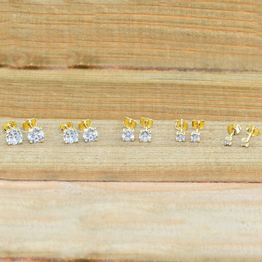 5 Pair Set Yellow Gold Flashed Sterling Silver Cubic Zirconia Round Stud Earrings, 2mm 3mm 4mm 5mm 6mm-3