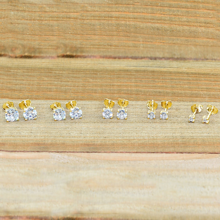 5 Pair Set Yellow Gold Flashed Sterling Silver Cubic Zirconia Round Stud Earrings, 2mm 3mm 4mm 5mm 6mm