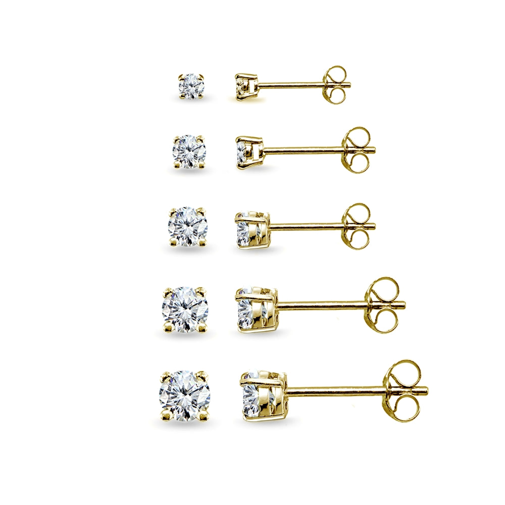 5 Pair Set Yellow Gold Flashed Sterling Silver Cubic Zirconia Round Stud Earrings, 2mm 3mm 4mm 5mm 6mm-4