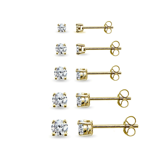 5 Pair Set Yellow Gold Flashed Sterling Silver Cubic Zirconia Round Stud Earrings, 2mm 3mm 4mm 5mm 6mm