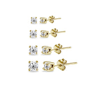 4 Pair Set Yellow Gold Flashed Sterling Silver Cubic Zirconia Round Stud Earrings, 2mm 3mm 4mm 5mm