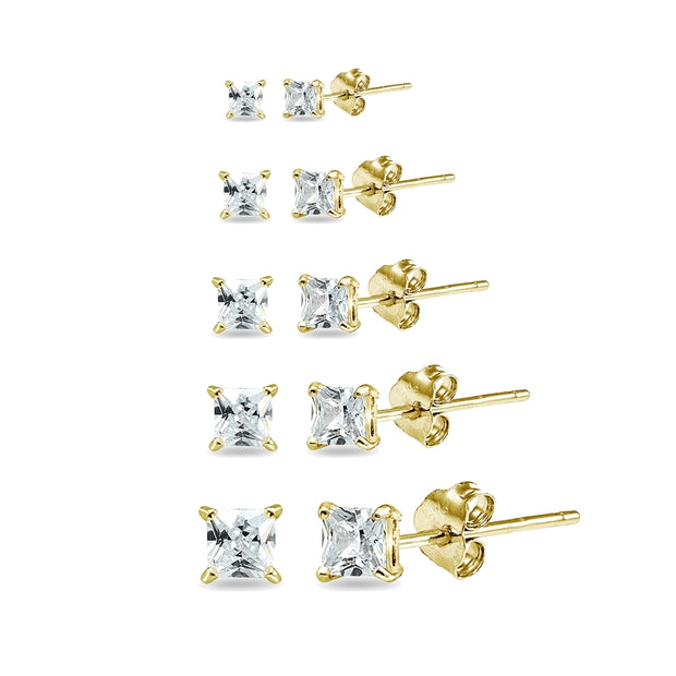 5 Pair Set Yellow Gold Flashed Sterling Silver Cubic Zirconia Princess-Cut Square Stud Earrings, 2mm 3mm 4mm 5mm 6mm