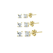 3 Pair Set Yellow Gold Flashed Sterling Silver Cubic Zirconia Princess-Cut Square Stud Earrings, 3mm 4mm 5mm