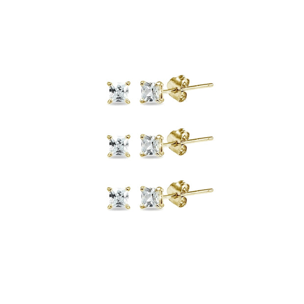 3-Pair Set Yellow Gold Flashed Sterling Silver Cubic Zirconia Princess-Cut 3mm Square Stud Earrings