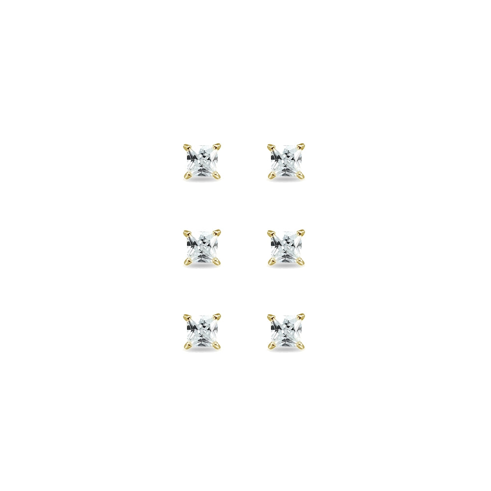 3-Pair Set Yellow Gold Flashed Sterling Silver Cubic Zirconia Princess-Cut 3mm Square Stud Earrings-2