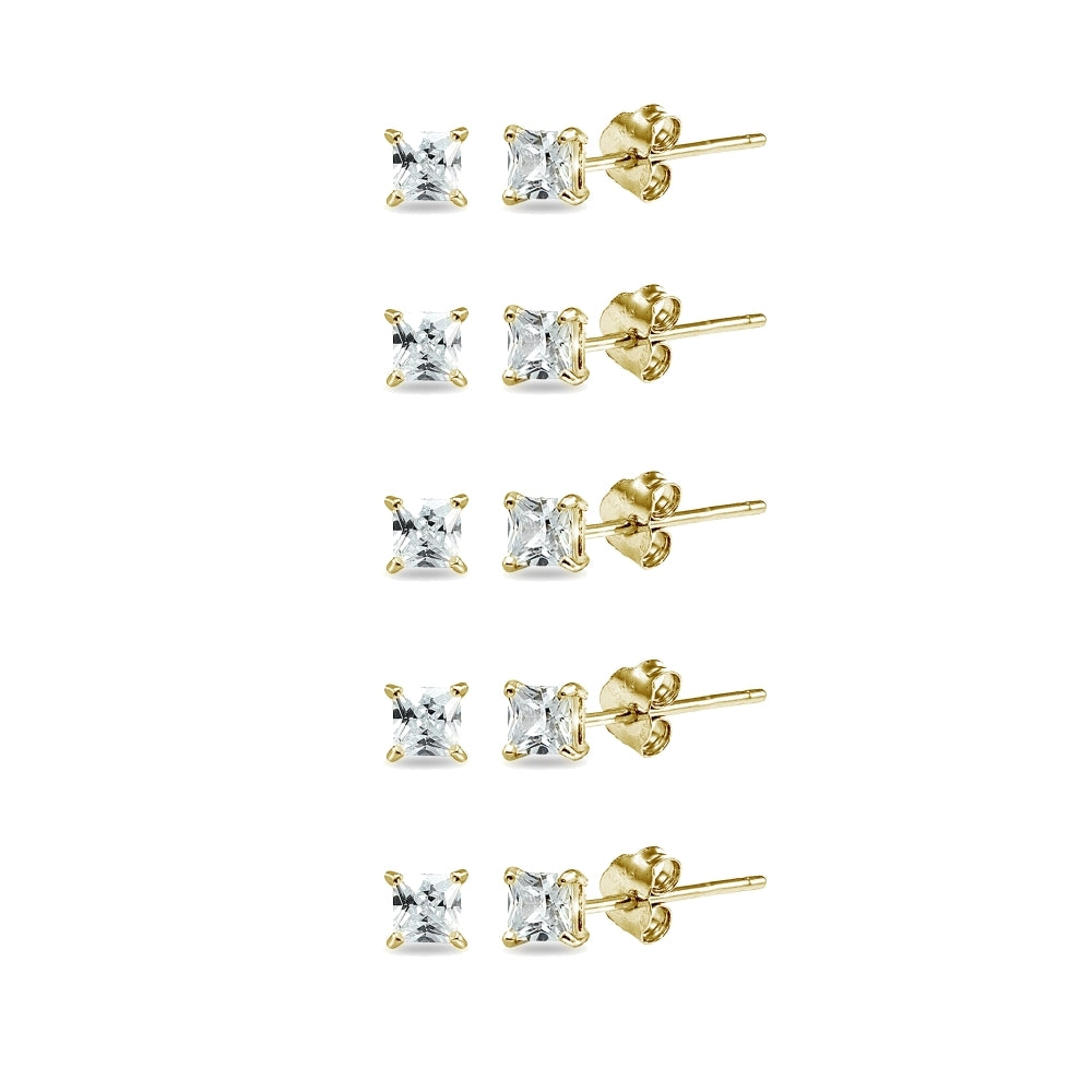 5-Pair Set Yellow Gold Flashed Sterling Silver Cubic Zirconia Princess-Cut 3mm Square Stud Earrings