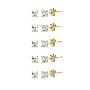 5-Pair Set Yellow Gold Flashed Sterling Silver Cubic Zirconia Princess-Cut 3mm Square Stud Earrings