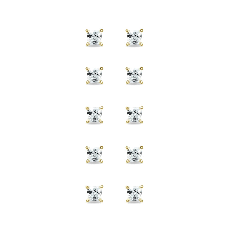 5-Pair Set Yellow Gold Flashed Sterling Silver Cubic Zirconia Princess-Cut 3mm Square Stud Earrings