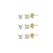 3-Pair Set Yellow Gold Flashed Sterling Silver Cubic Zirconia Princess-Cut 4mm Square Stud Earrings