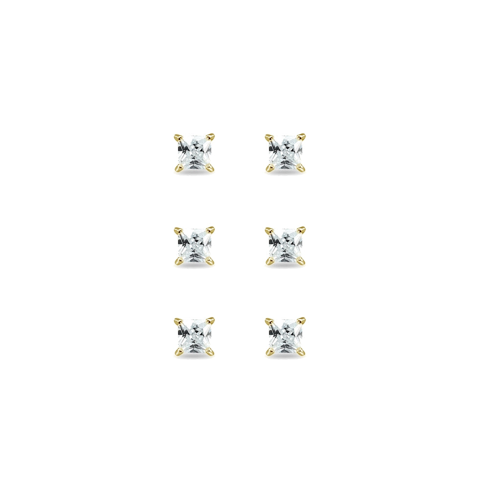 3-Pair Set Yellow Gold Flashed Sterling Silver Cubic Zirconia Princess-Cut 4mm Square Stud Earrings-2