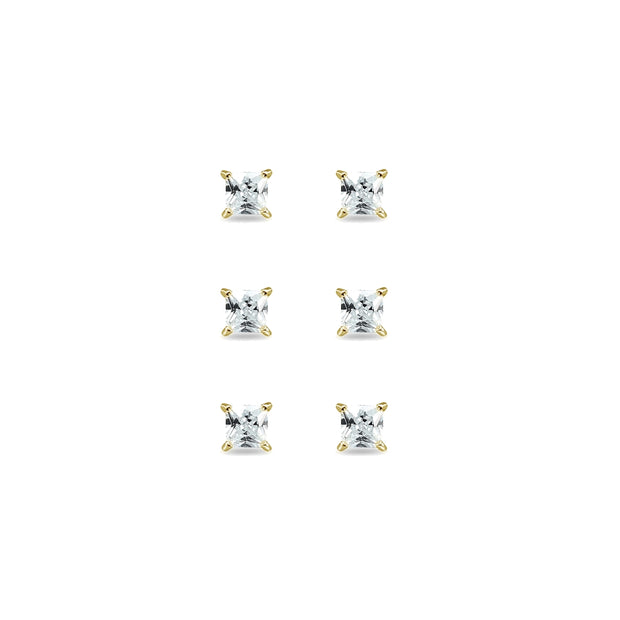 3-Pair Set Yellow Gold Flashed Sterling Silver Cubic Zirconia Princess-Cut 4mm Square Stud Earrings