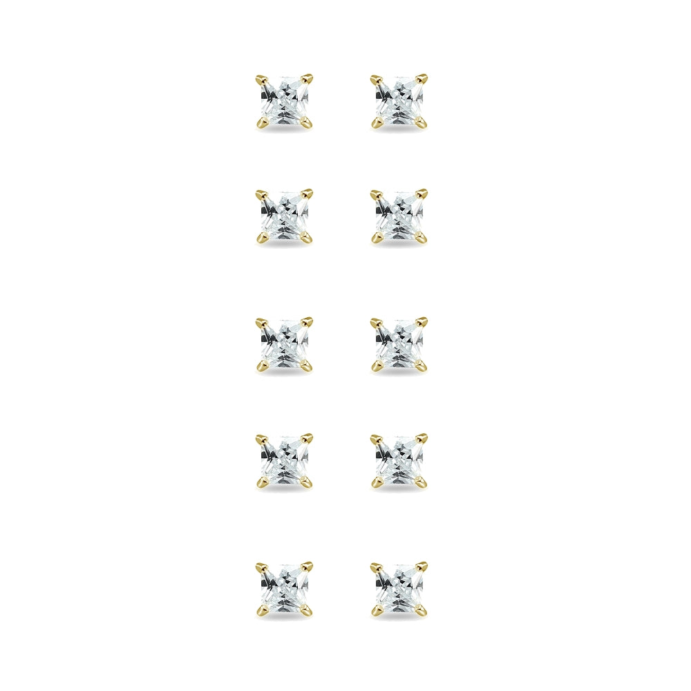 5-Pair Set Yellow Gold Flashed Sterling Silver Cubic Zirconia Princess-Cut 4mm Square Stud Earrings-2