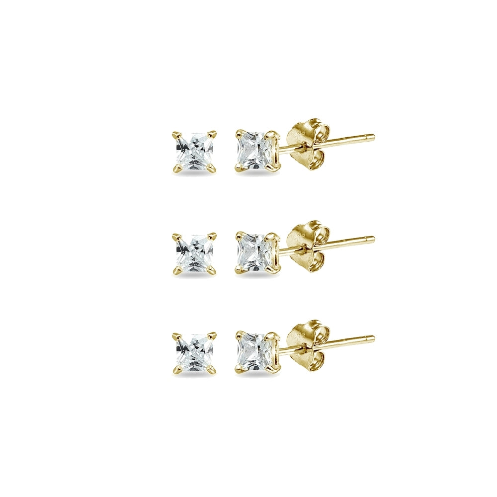 3-Pair Set Yellow Gold Flashed Sterling Silver Cubic Zirconia Princess-Cut 5mm Square Stud Earrings