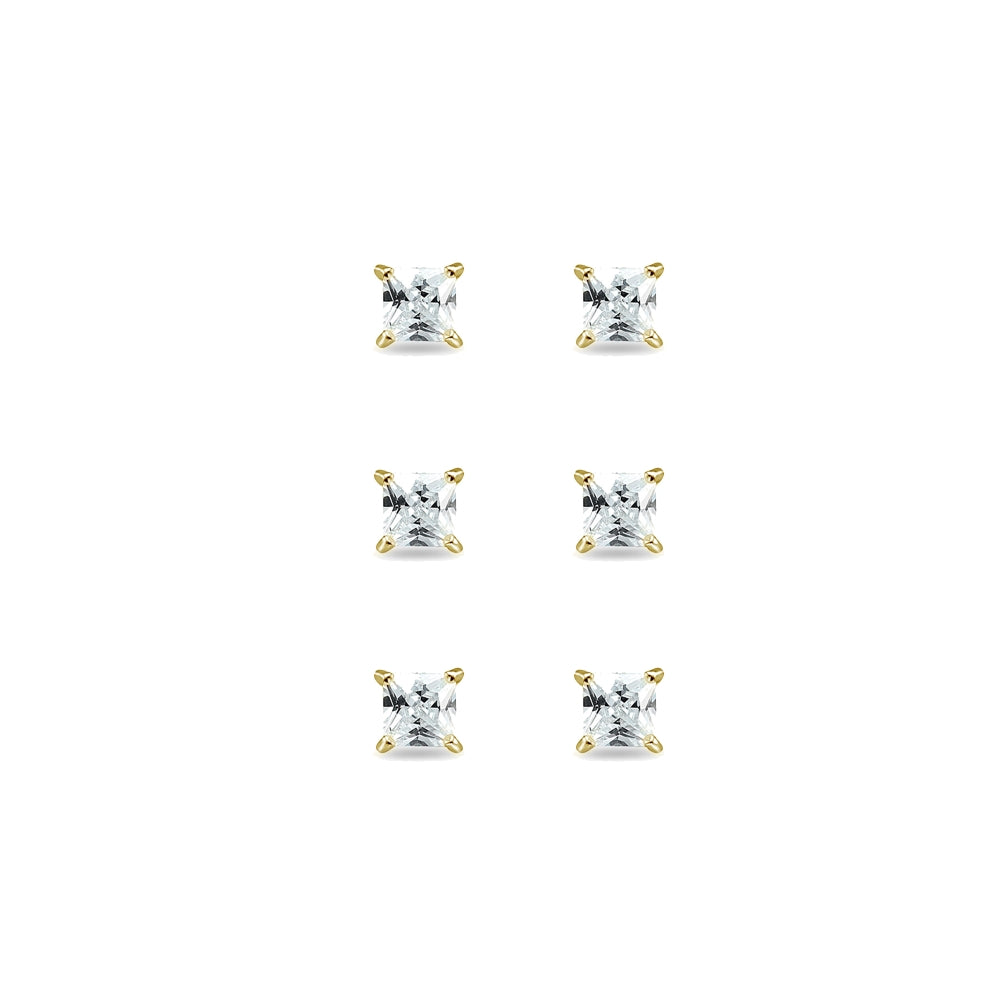 3-Pair Set Yellow Gold Flashed Sterling Silver Cubic Zirconia Princess-Cut 5mm Square Stud Earrings-2
