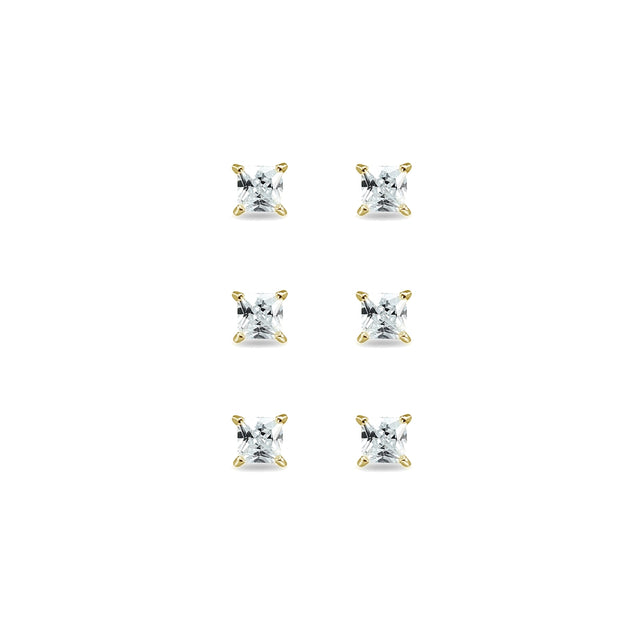 3-Pair Set Yellow Gold Flashed Sterling Silver Cubic Zirconia Princess-Cut 5mm Square Stud Earrings